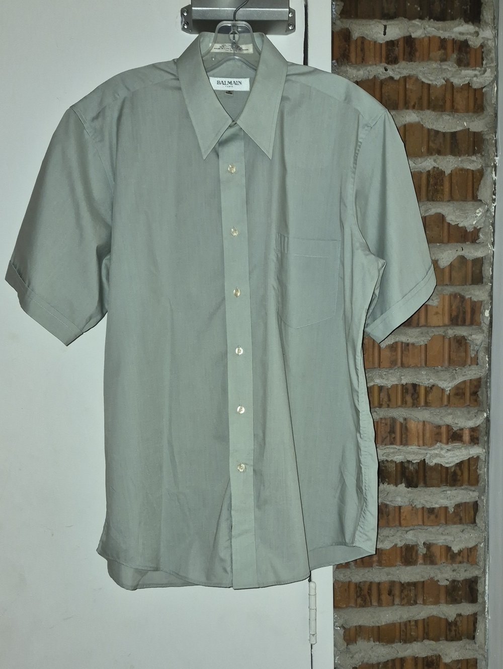 Balmain Paris Short Sleeve Shirt Men M Medium 16 32/33 Sage Green